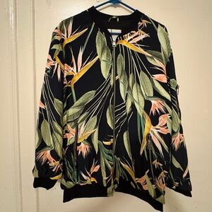 ZARA tropical Print Bomber Jacket sz M/L black green leaves